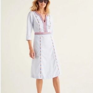 Boden Catherine Embroidered Striped/Polka Dot Midi Fit & Flare Blue/White Dress